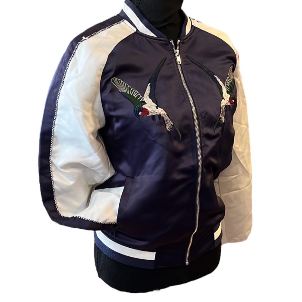 ESCALIER SATIN BOMBER JACKET WITH BIRD DETAIL NAVY BLUE WHITE SIZE SMALL